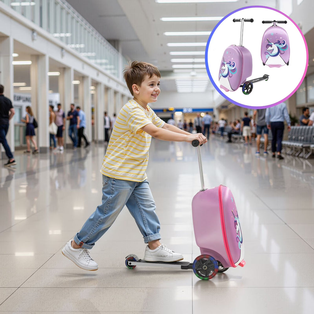 KFFKFF Ride - on Kids Luggage, 20 L Capacity, 20 - Inch Scooter Suitcase with Flashing PU Wheels, Adjustable Handle & Non - Slip Grip, Foldable and Lightweight Travel Companion for Children Aged 5+, Purple