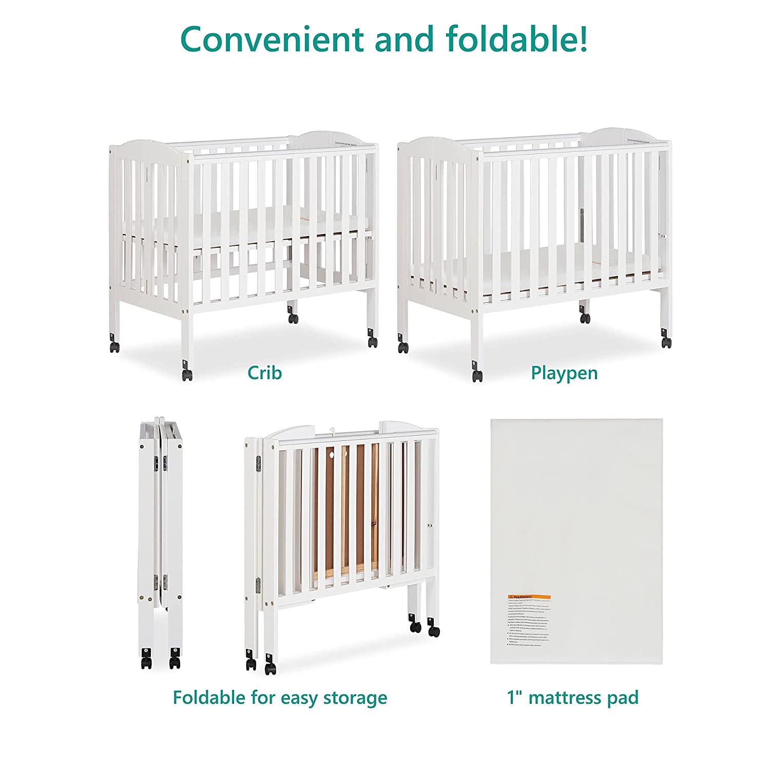 Dream on Me 2 - in - 1 Folding Portable Mini Crib in White. Mattress Pad Included. Easy to Fold and Store Baby Crib. Two Adjustable Mattress Height Positions Convertible Crib