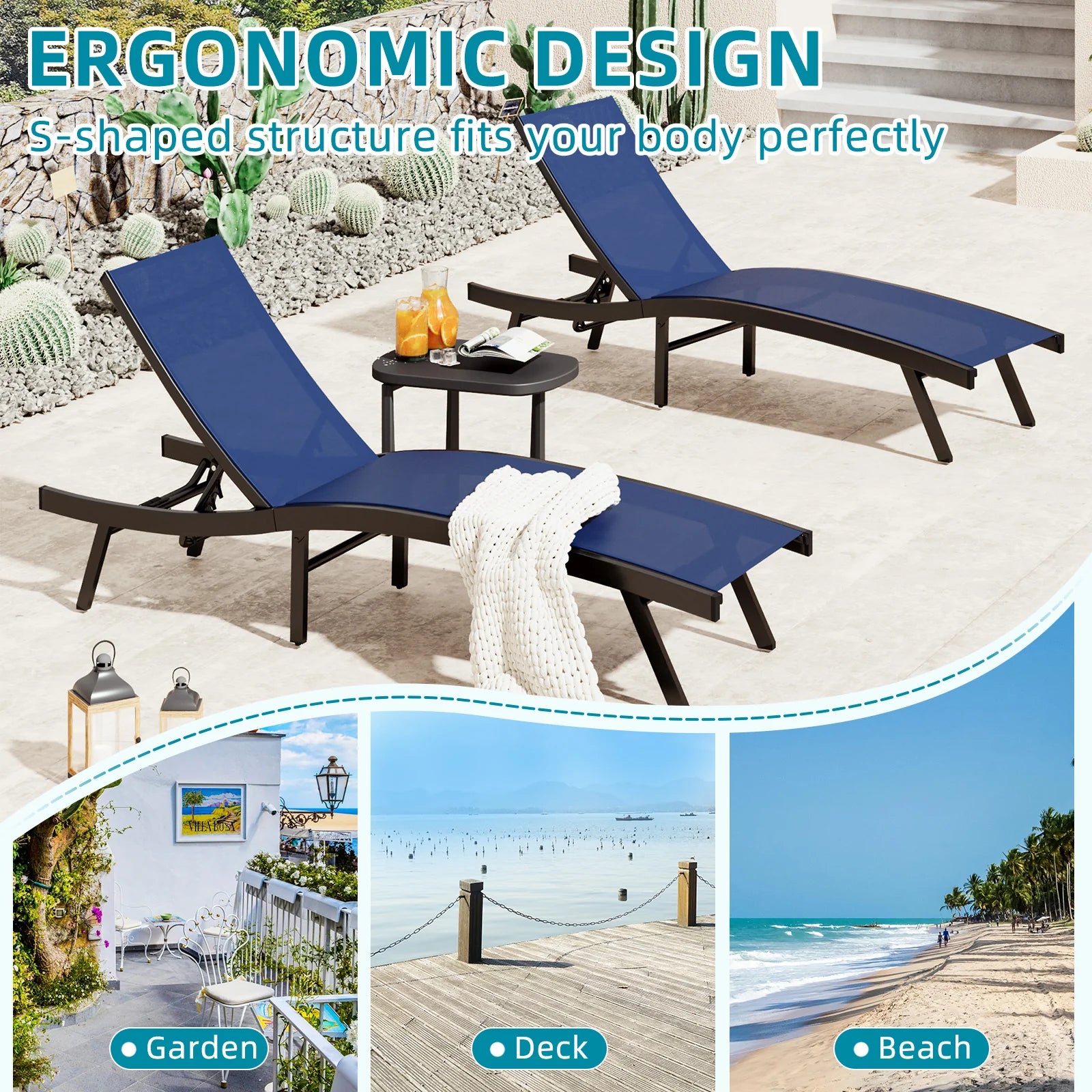 AECOJOY Outdoor Chaise Lounge, All Weather Pool Lounge Chairs Ergonomic Design (Navy, 1 PCs)
