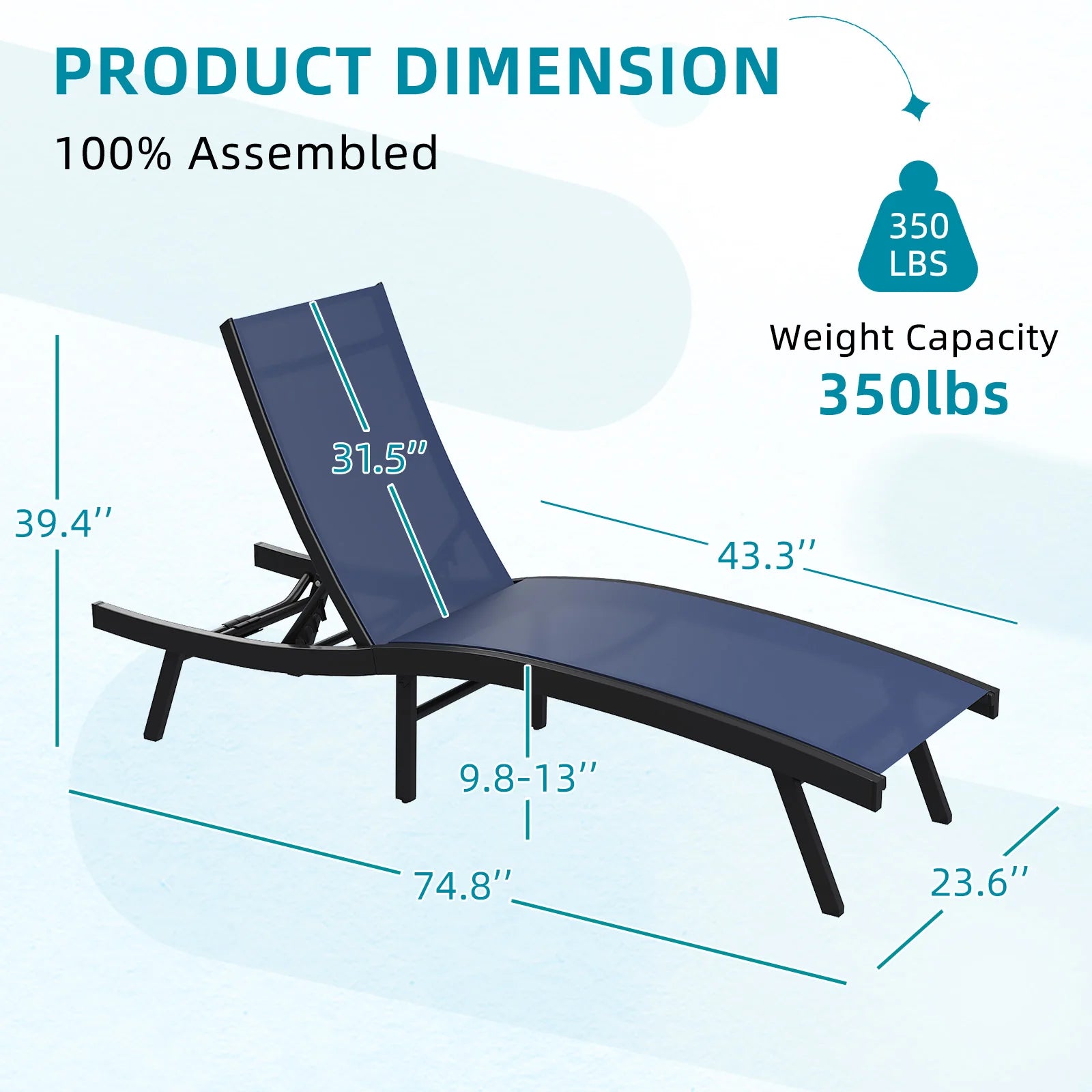 AECOJOY Outdoor Chaise Lounge, All Weather Pool Lounge Chairs Ergonomic Design (Navy, 1 PCs)