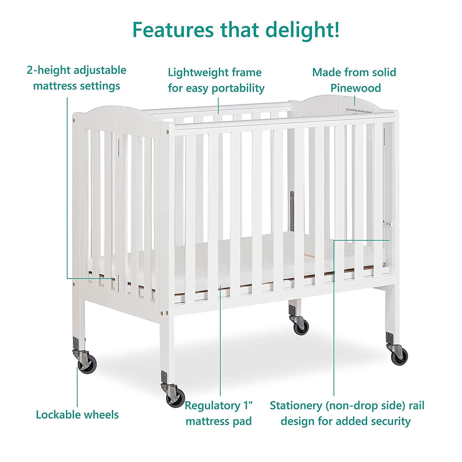 Dream on Me 2 - in - 1 Folding Portable Mini Crib in White. Mattress Pad Included. Easy to Fold and Store Baby Crib. Two Adjustable Mattress Height Positions Convertible Crib